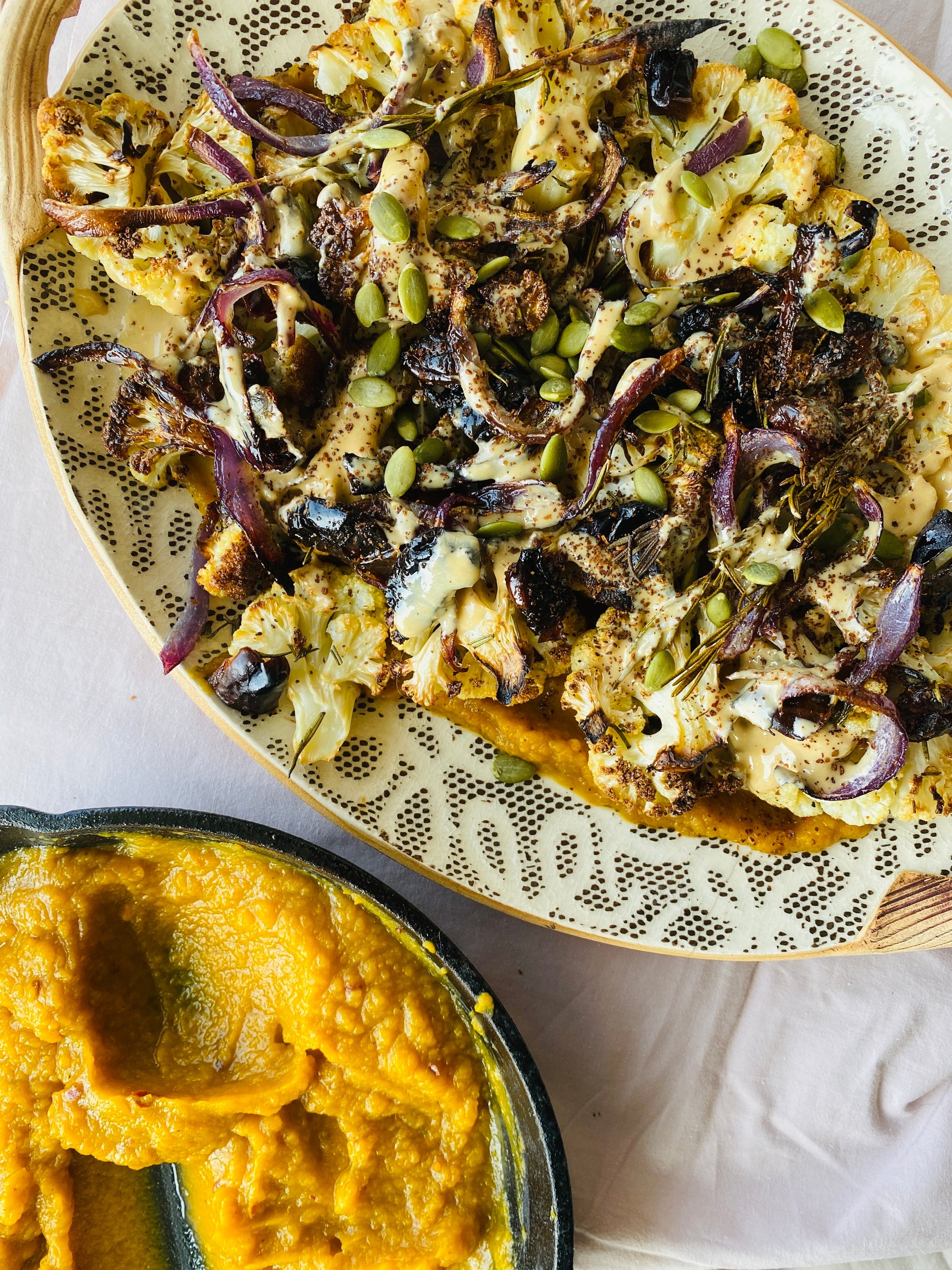 Roasted Cauliflower & Date Salad with Pumpkin Puree