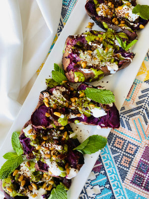 Purple Sweet Potato with Caramelized Dates and Mint Pesto