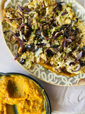 Roasted Cauliflower & Date Salad with Pumpkin Puree