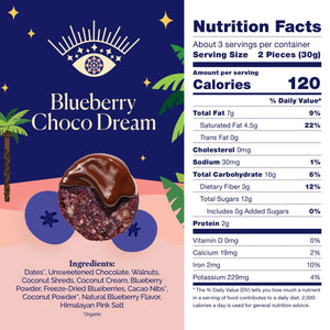 100% Dark Choco <br> <span class="subtitle-pro"> Snack Bites </span> <br> Blueberry Choco Dream MAGICdATES 